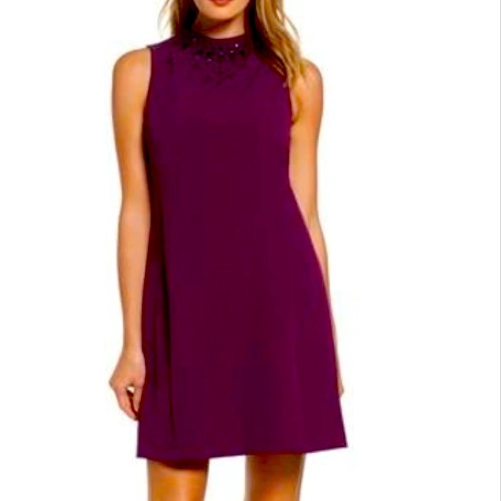 ADRIANNA PAPELL BEADED NECKLINE TRAPEZE DRESS/BEETROOT/sz8